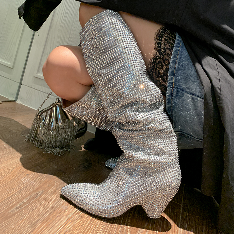Street Fashion Lady - Fashion Spike Heels Crystal Long Boots