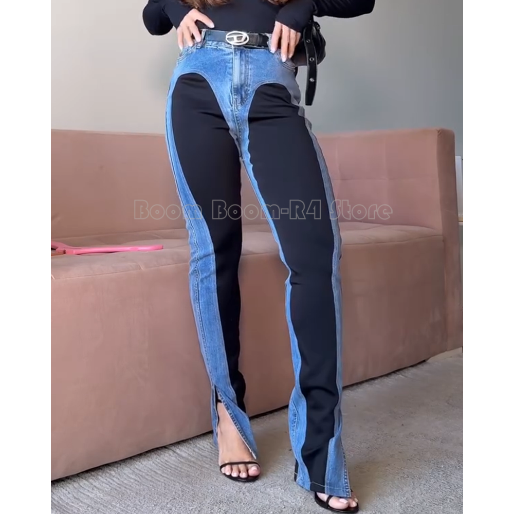 Street Fashion Trends 2025 - Y2K Contrast Paneled High-Waisted Denim Pants
