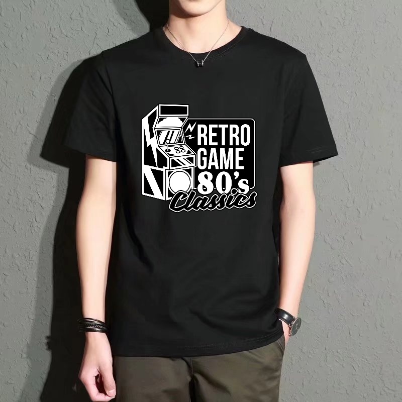 Street Fashion Game - Men's Black Round-Neck Short-Sleeved T-Shirt, Retro