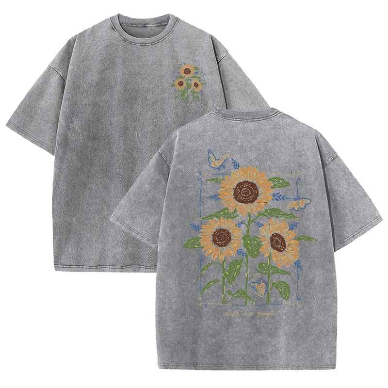 sunflower print washed T-shirt - Street Fashion Shanghai 리뷰 및 가격