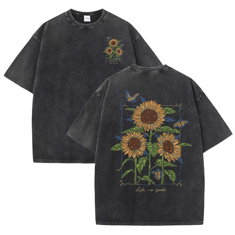 sunflower print washed T-shirt - Street Fashion Shanghai 리뷰 및 가격
