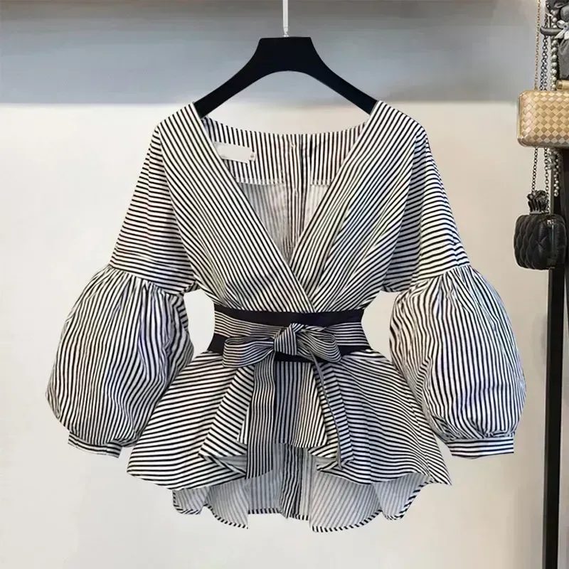 Women Elegant V-Neck Stripe La - Street Fashion Korean 리뷰 및 가격