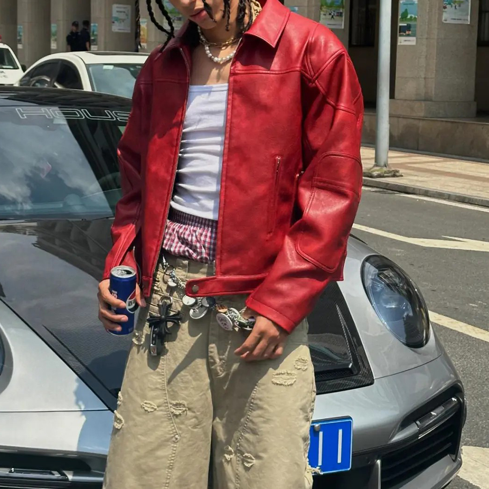 Men's Red Long-Sleeved  Leathe - Street Fashion Trends 2026 리뷰 및 가격