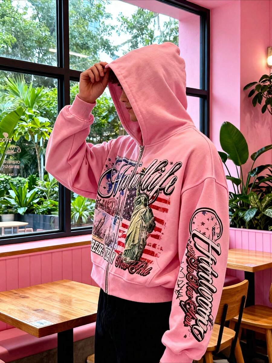 Pink Oversized Zip-Up Hoodie w - Graphic Hoodie Streetwear 리뷰 및 가격
